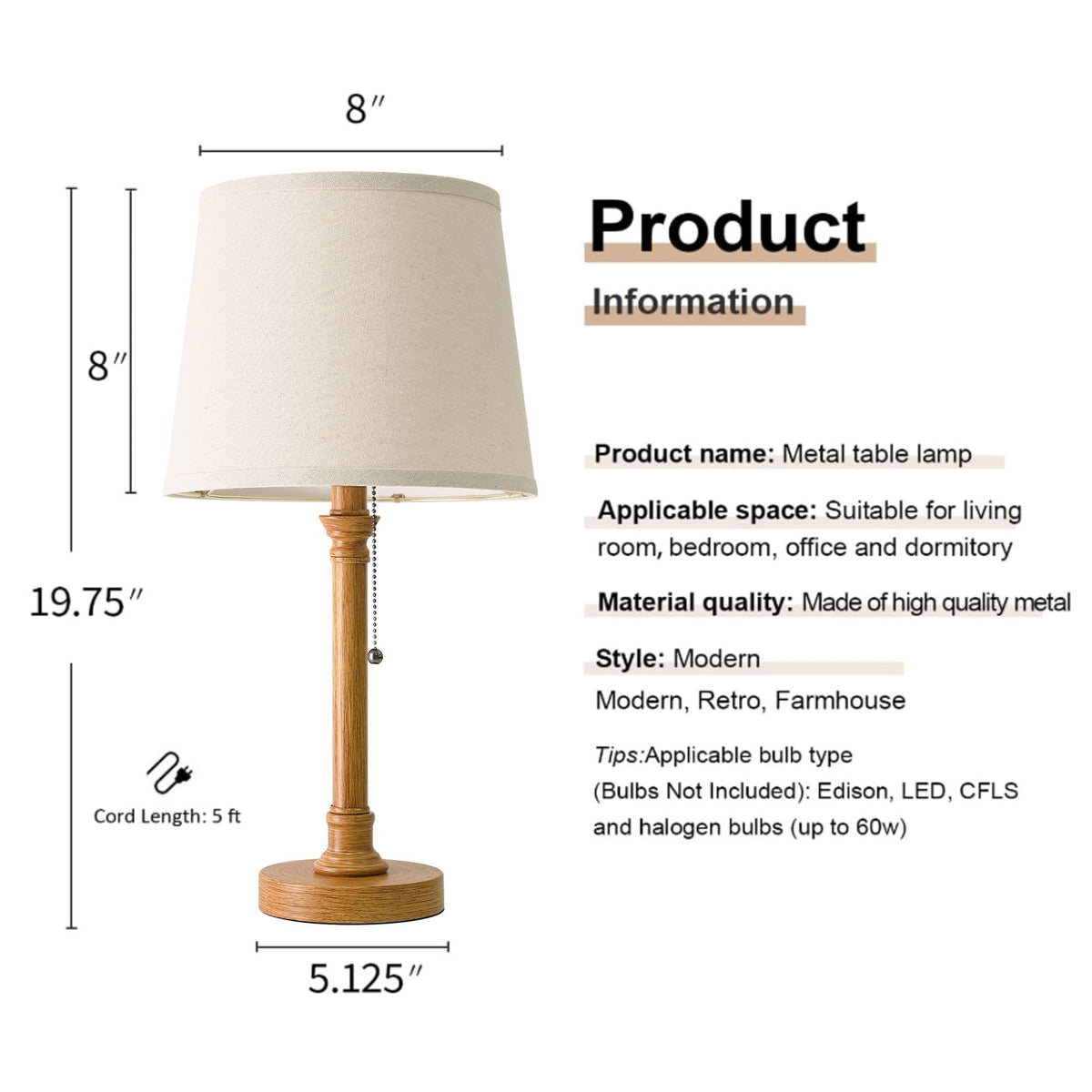 19.5" Wood Grain Rustic Table Lamps Set of 2 Bedroom