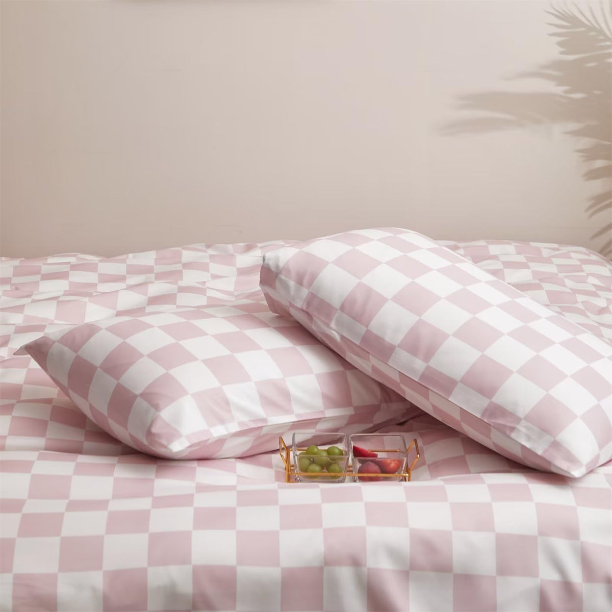 White and Pink Duvet Cover Plaid Checkerboard Bedding Set