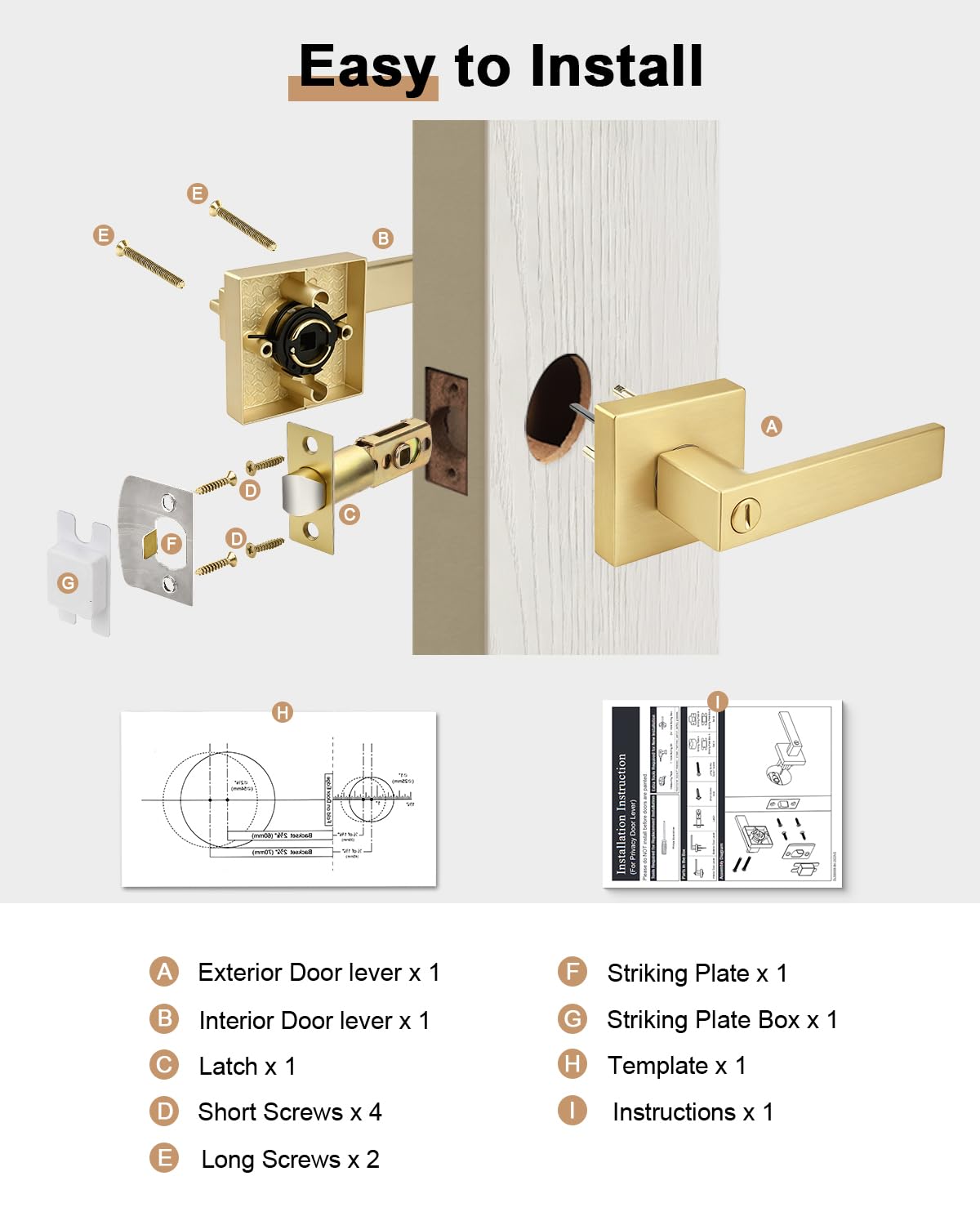 Interior Privacy Door Handles 5 Pack, Gold Bed & Bath Zinc Alloy Door Levers with Lock, Reversible for Right & Left