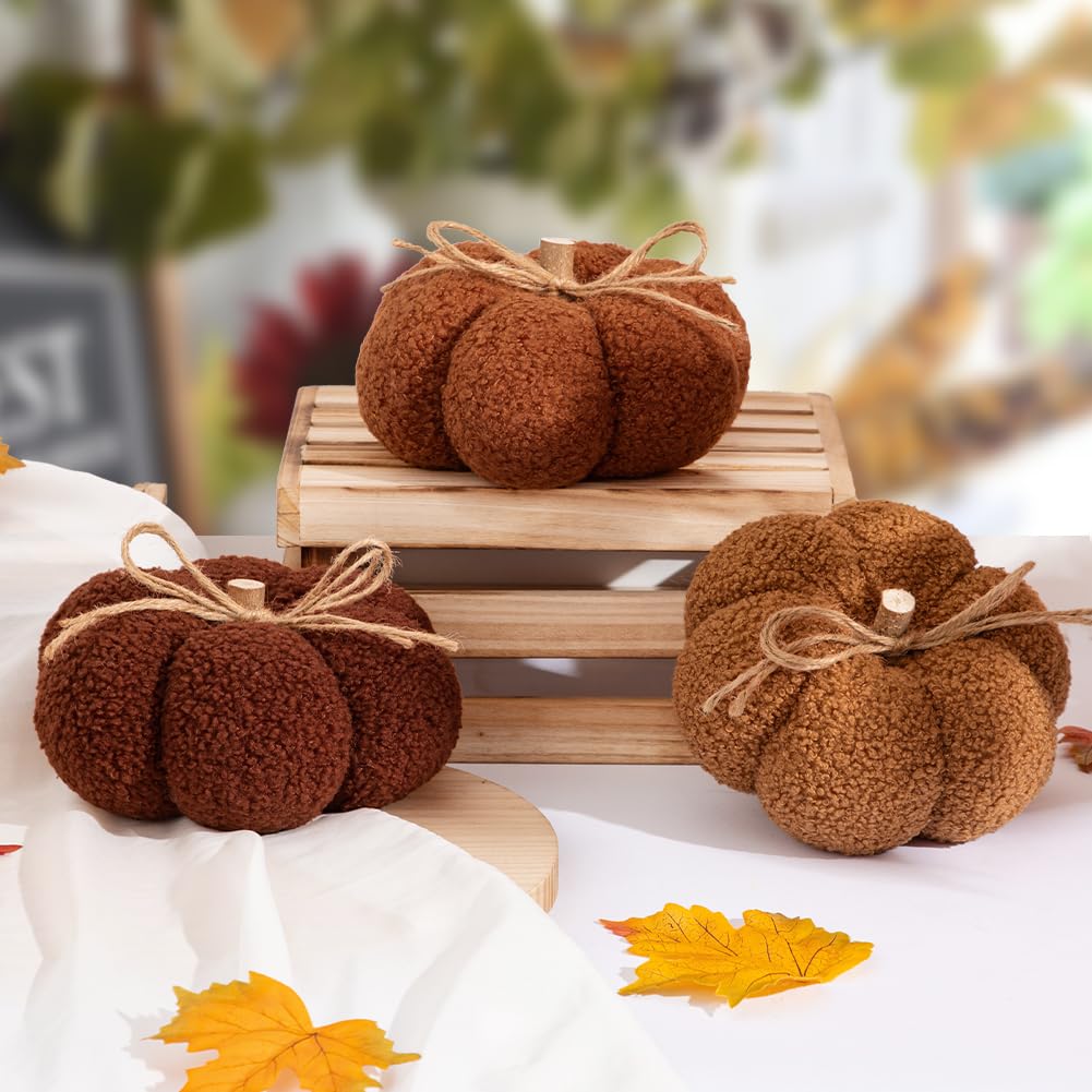 6" Fall Pumpkin Decorations, Mix Brown Artificial Fabric Pumpkins