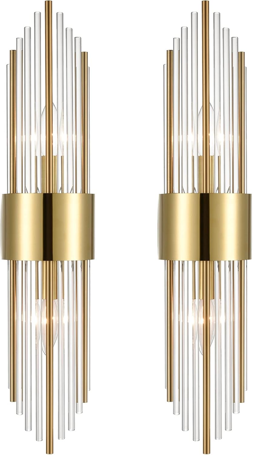 2-Light Modern Brushed Titanium Gold Wall Sconce with Clear Glass Crystal Luxury Wall Light Fixtures for Bedroom