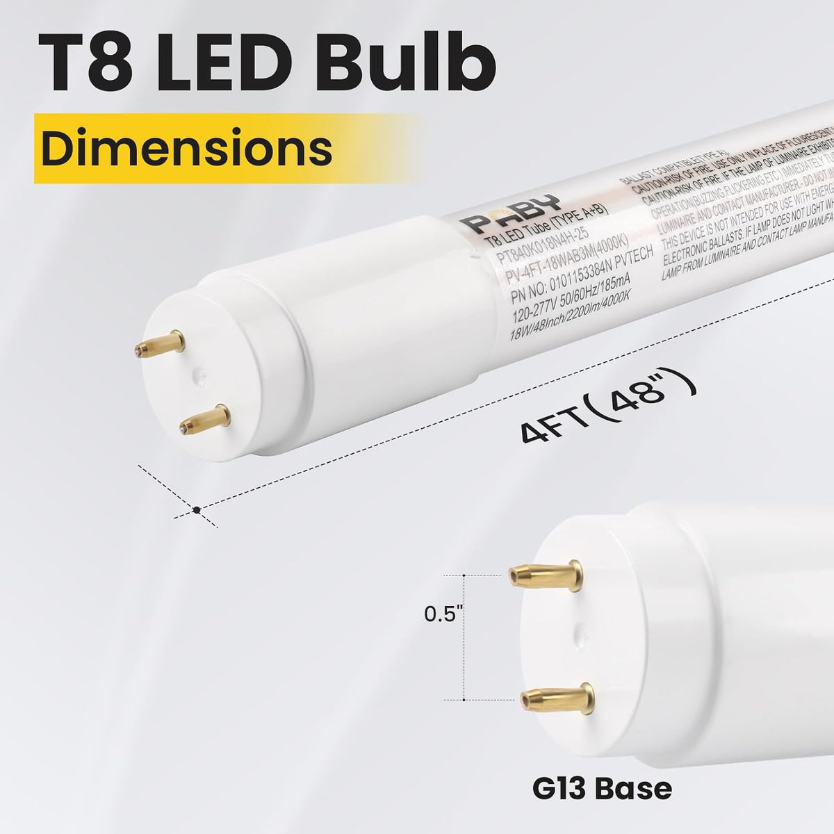 25 Pack 4FT LED T8 Type A+B Light Tube, 18W, Plug & Play or Ballast Bypass, 2250LM, 5000K, Single or Double End Power