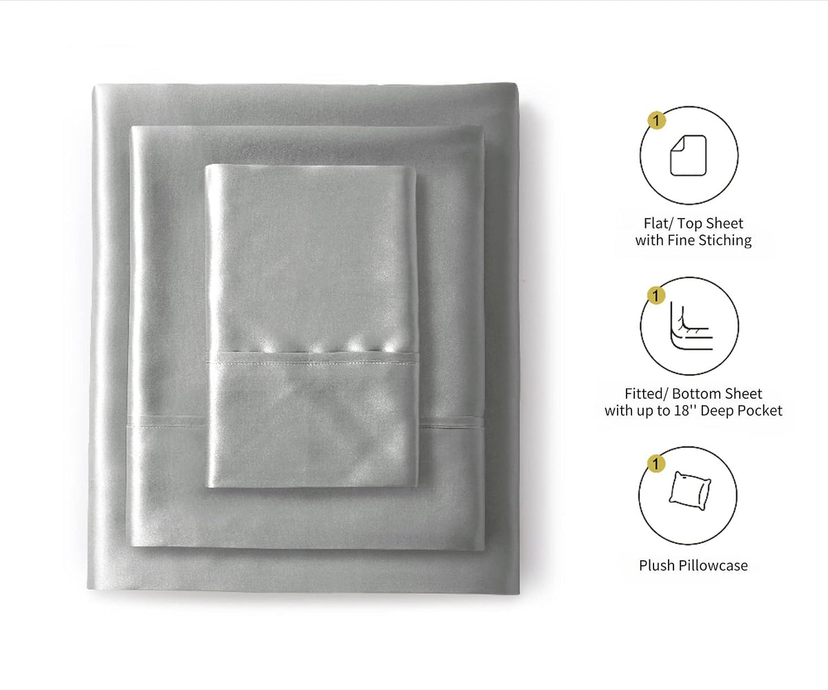 Silk like Satin Sheets, King Bed Sheet Set, Light Gray, 4 Piece