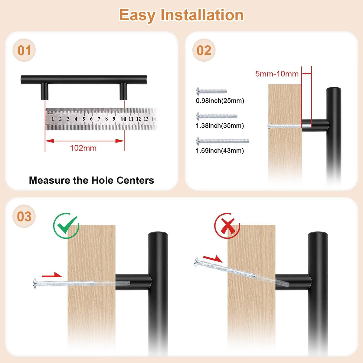 Black Cabinet Handles & Pulls 4" Hole Centers Round 25 Pack