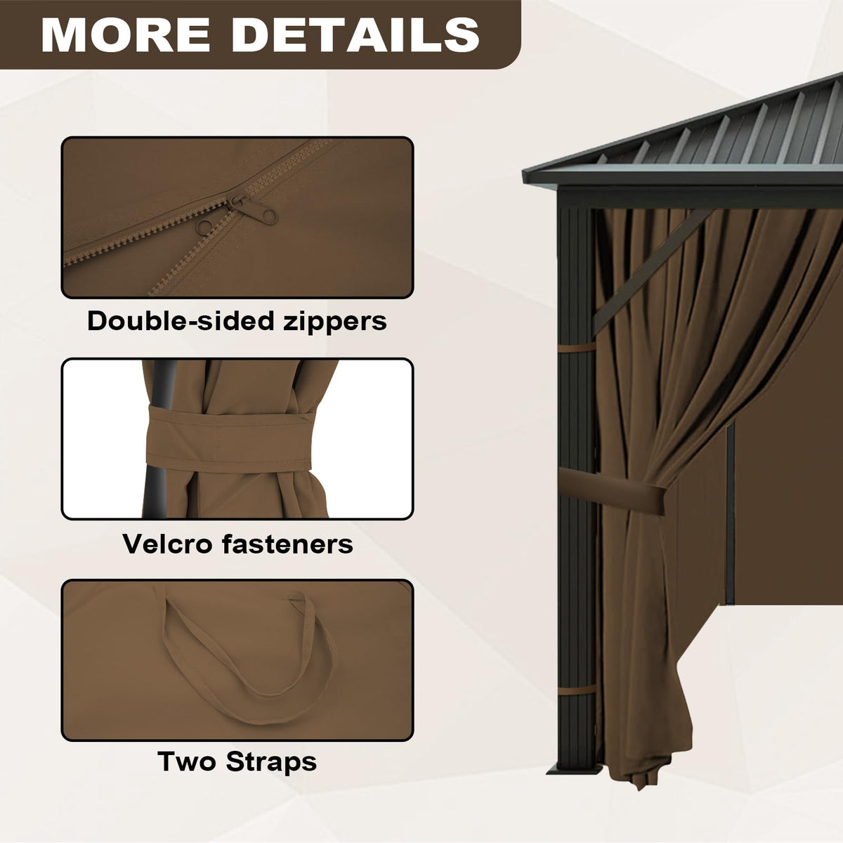 10x10 Gazebo Curtains Outdoor Waterproof, 4 Panel Sidewalls, Mocha