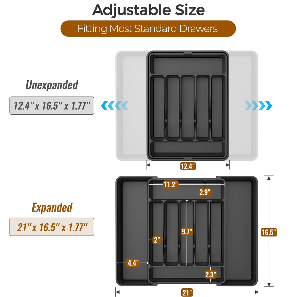 Extra Large Expandable Silverware Organizer, Flatware Tray, Black