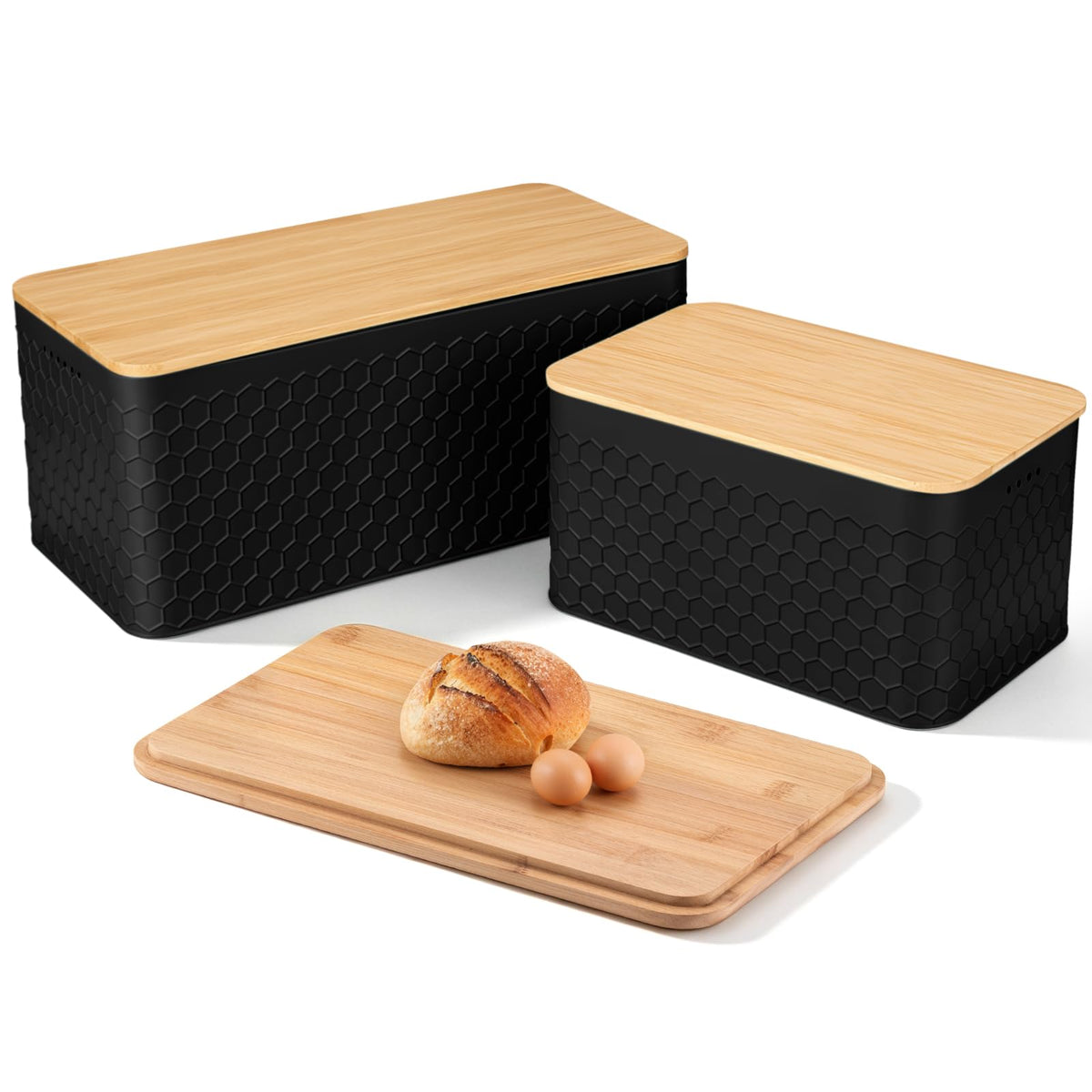 Metal Set of 2 with Bamboo Lid, Modern Bread Storage Containers with Air Vents, Bamboo Cutting Board Lid, Farmhouse