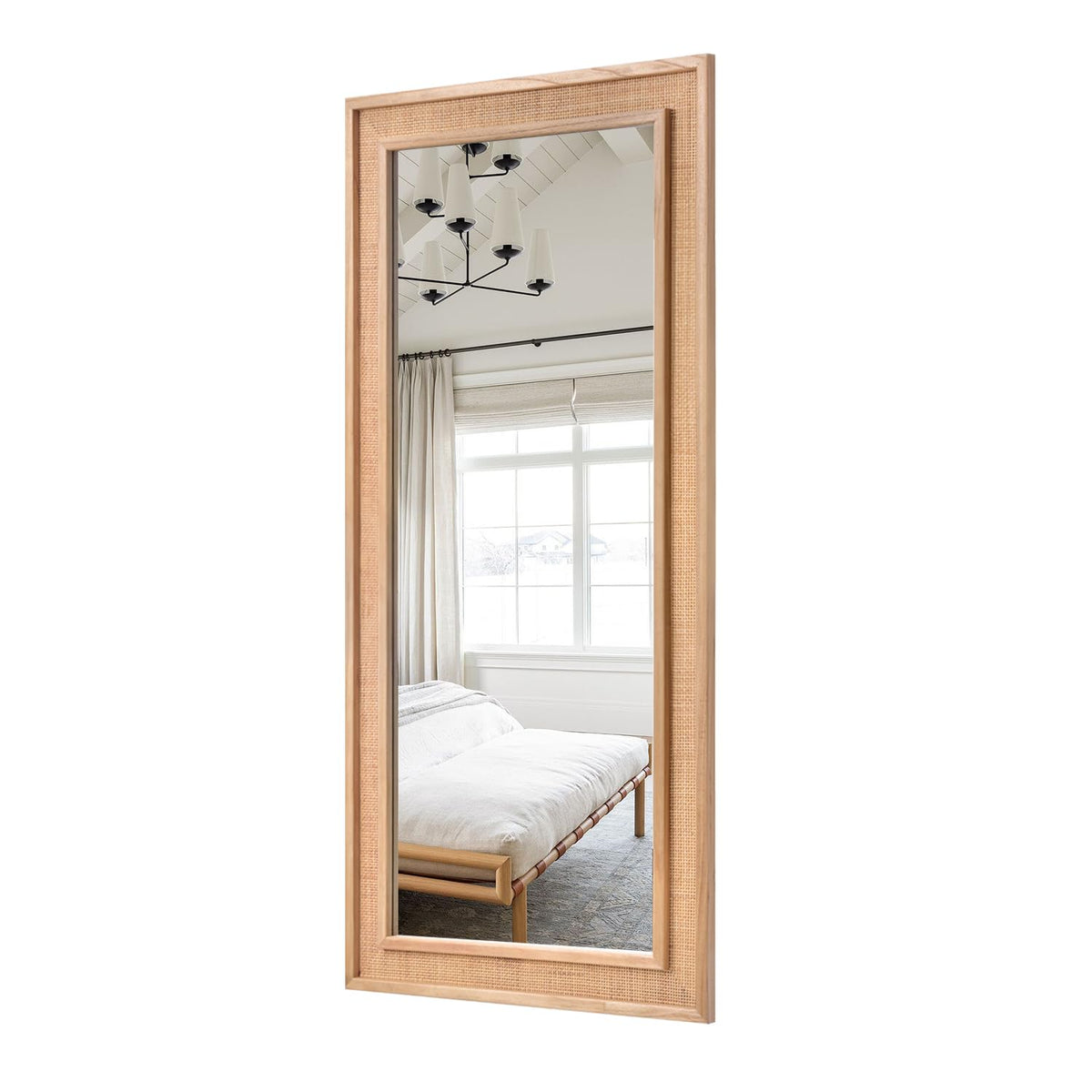 20"x55" Rattan Wall Mirror, Nature Long Rattan Full Length Mirror, Wicker Full Body Mirror, Rustic Rectangle Wood