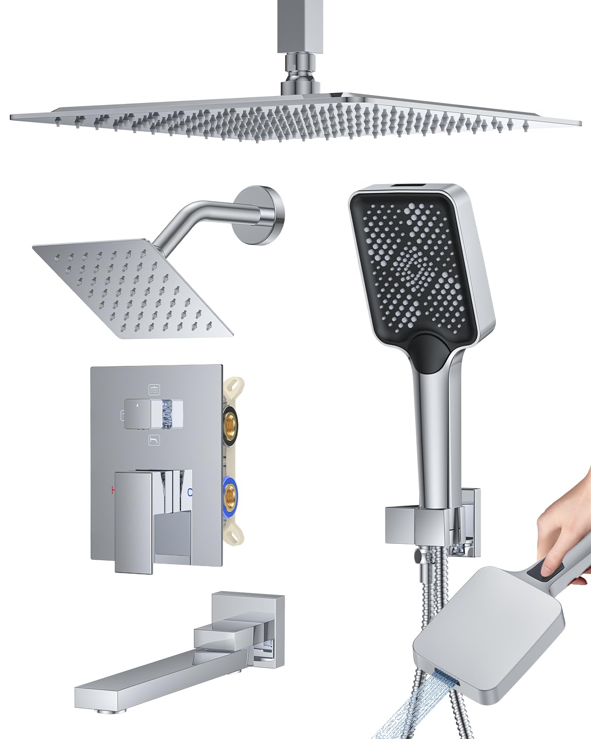 4 Function Shower Faucet Set 12" Rain Shower Head/6'' Side Shower Head and 3 Setting Handheld Ceiling Mount Push