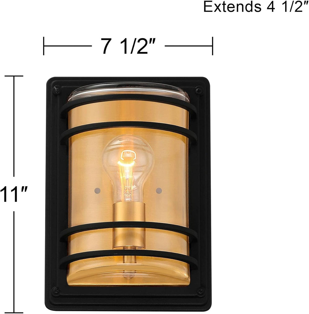 11" High Modern Industrial Pocket Outdoor Wall Light Fixture Mount Porch House Exterior Outside Edison Bulb Weatherproof Black Brass Finish Clear Glass Shade Front Door Patio