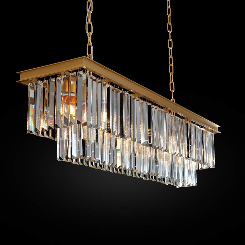 Gold Rectangular Linear Crystal Chandelier, Luxe Island Light for Dining Tables