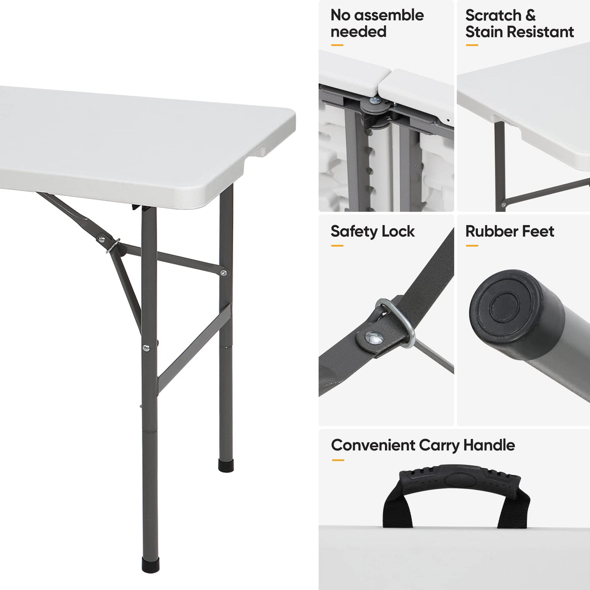 4ft Portable Folding Table Plastic Indoor Outdoor Picnic Party Camp Dining Table with Handle, White