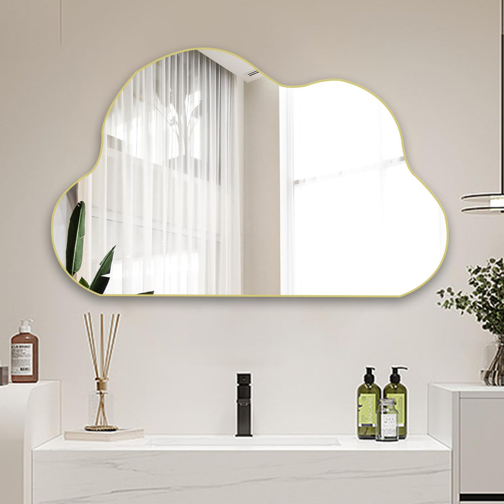 Gold Irregular Mirror, 33.5"x20.5" Cloud Shaped Mirrors, Asymmetrical Wall Mirror, Abstract Funky Frameless Mirrors