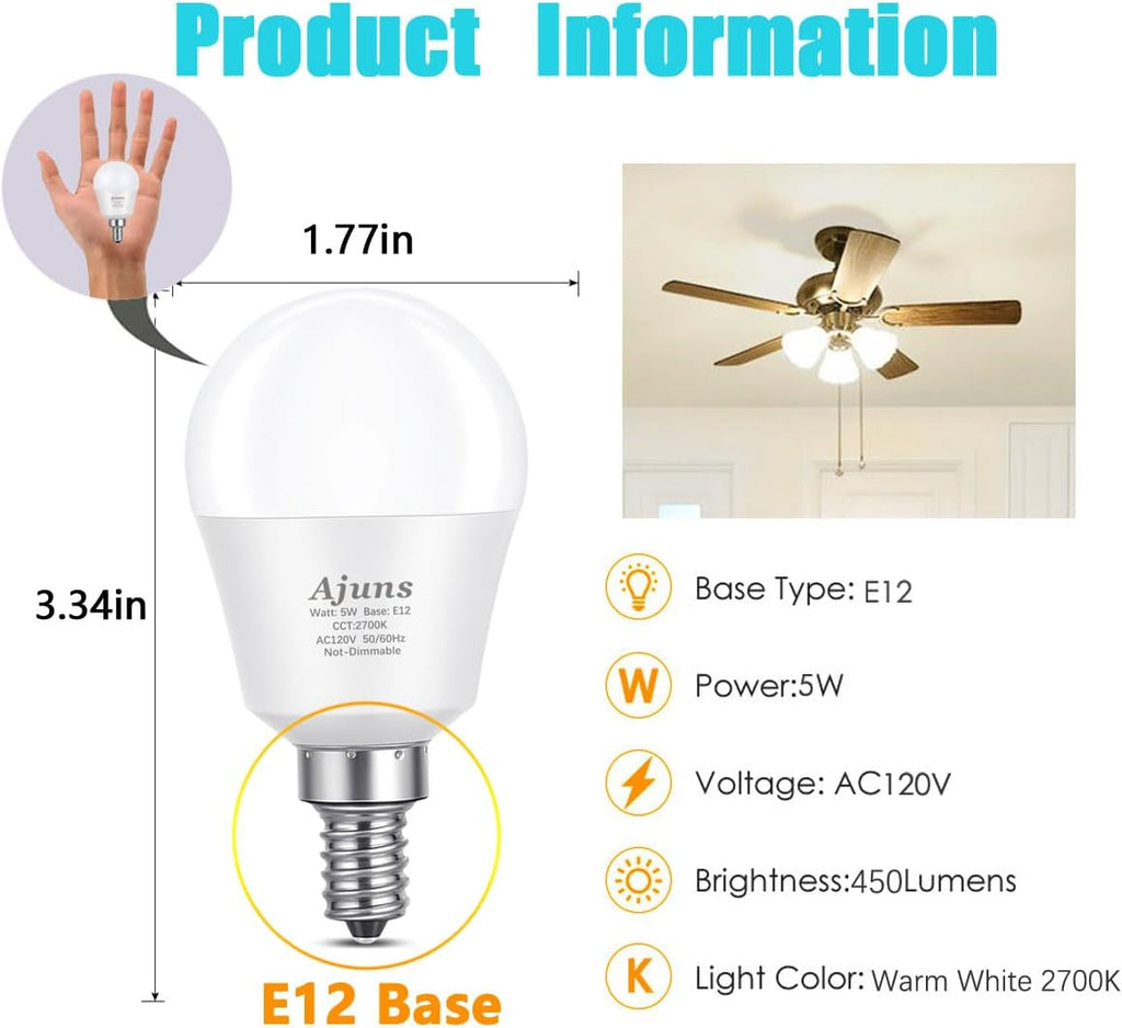 5Watt (40W Equivalent) LED Bulbs, E12 Small Base Ceiling Fan Light Bulbs,450 Lumen,Warm White 2700K, 120V A15 LED