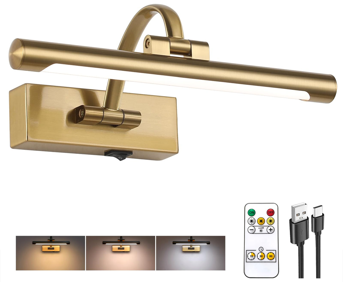 Rechargeable Picture Light with Remote Control,12 Inch Brass Finish Adjustable Wireless Art Lighting Fixture,Painting