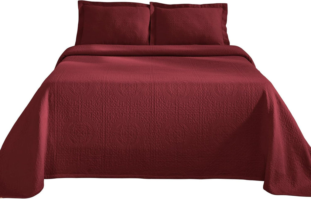 Cotton Bedspread, Jacquard Woven Matelasse Bedding, King, Garnet