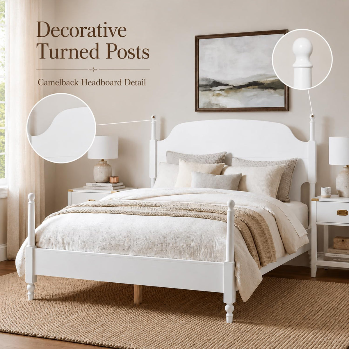 White Four Poster Spindle Bed Frame with Arched Headboard