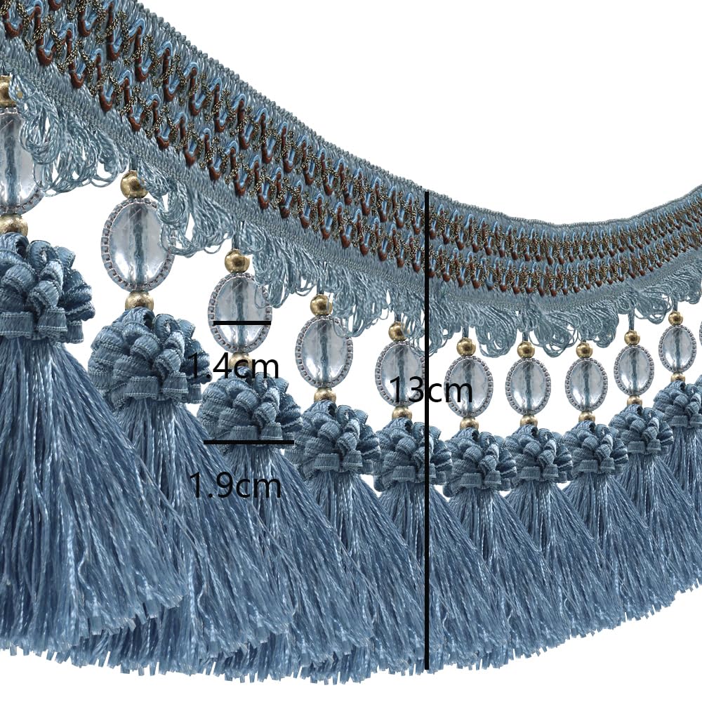 Pom Pom Curtain Fringe Trim Beads Ball Tassel Trimming Sewing Ribbon Upholstery Fabric (Blue) - 3yards