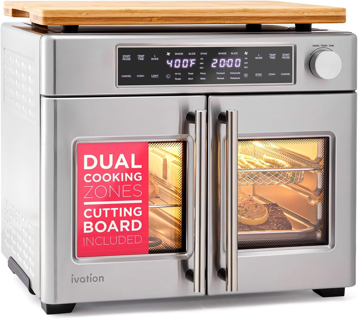 Dual Zone Air Fryer French Door Oven - 32 Quatity Convection Toaster Combo, 10-in-1 Multifunction Up to 450° - 1800W