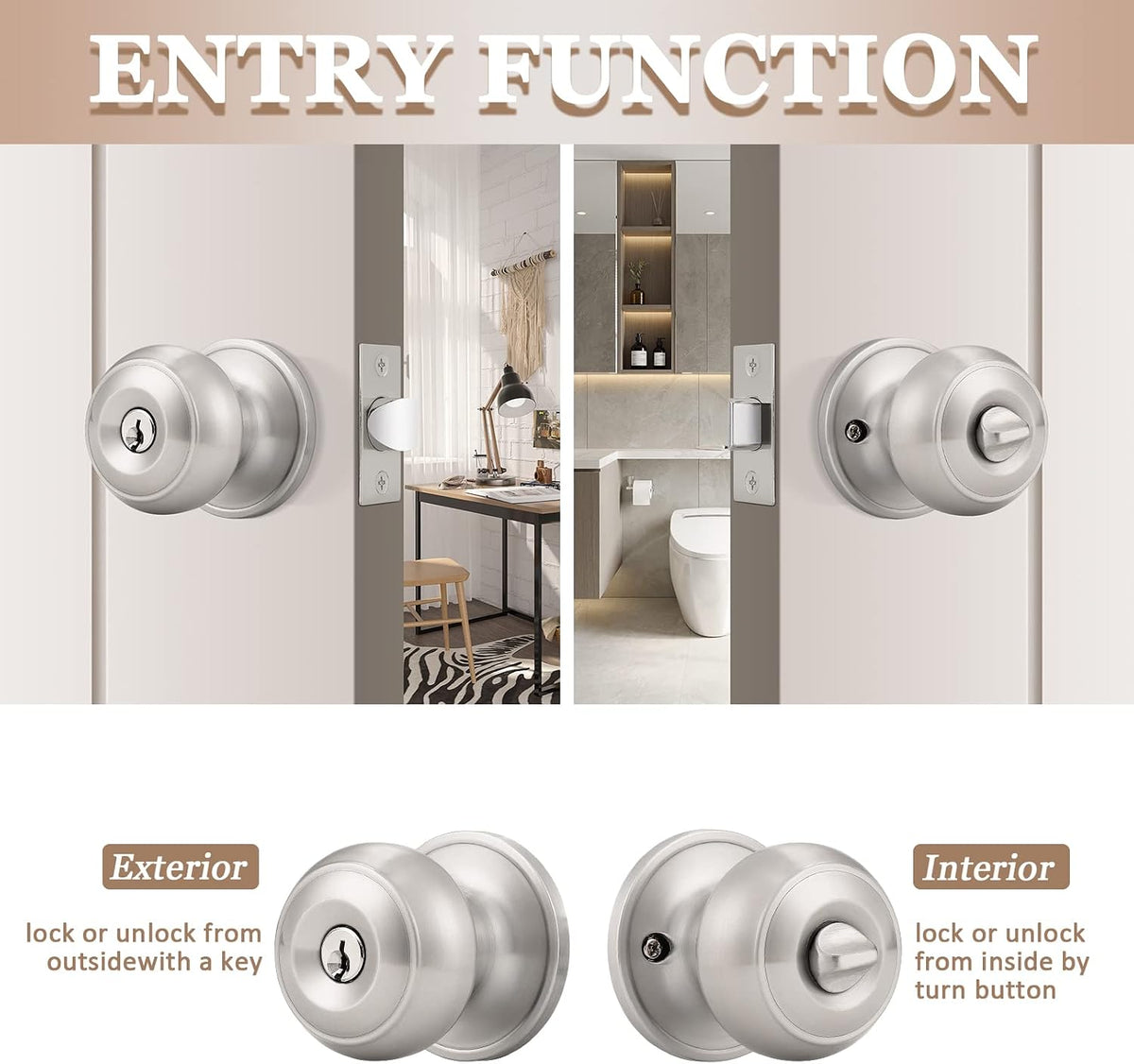 6 Pack) Satin Nickel Round Entry Door Knobs Keyed Alike, Exterior/Interior Door Handles Bedroom Bathroom/Front/Offic