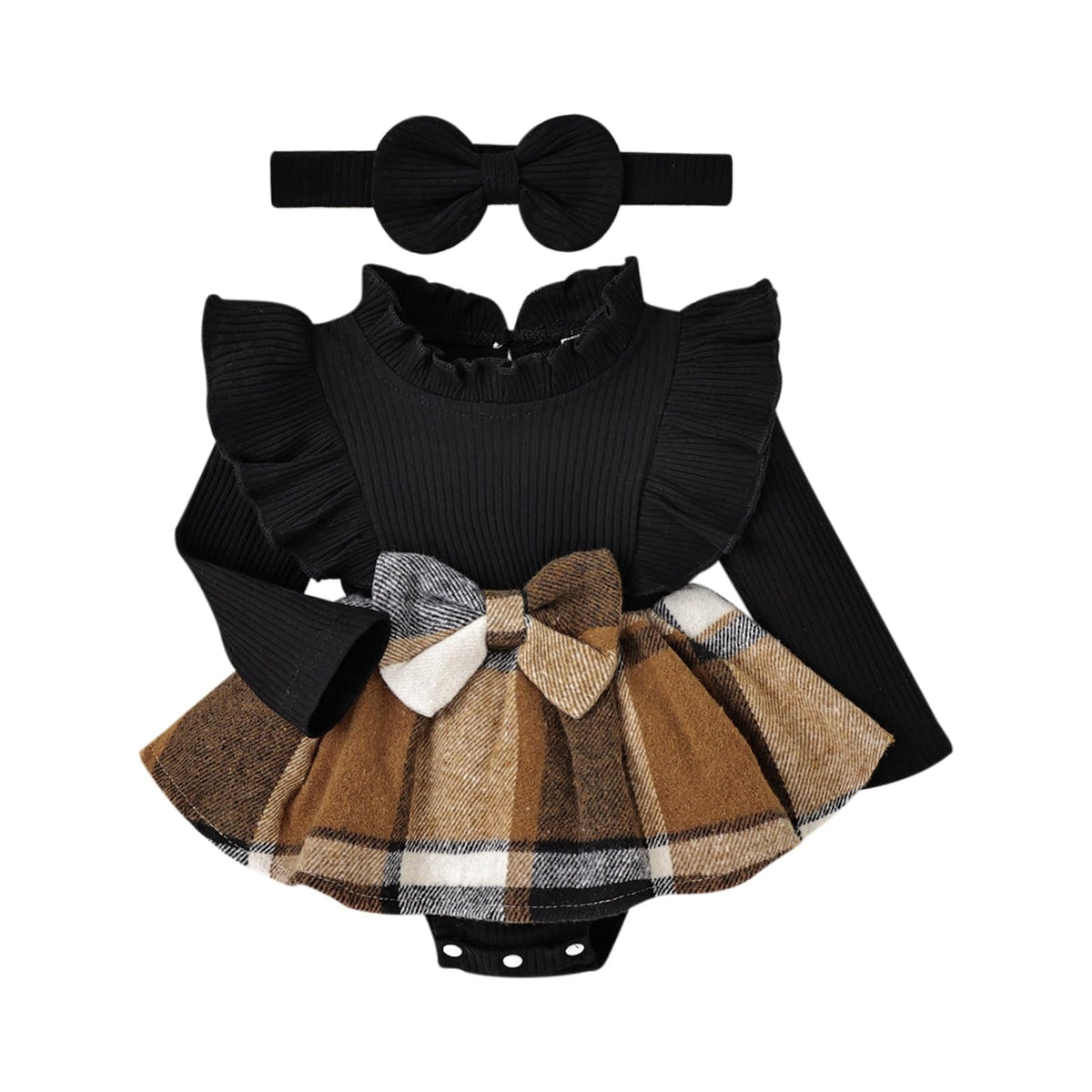 Baby Girl Clothes Plaid Romper Dress Long Sleeve Fall Outfit Black