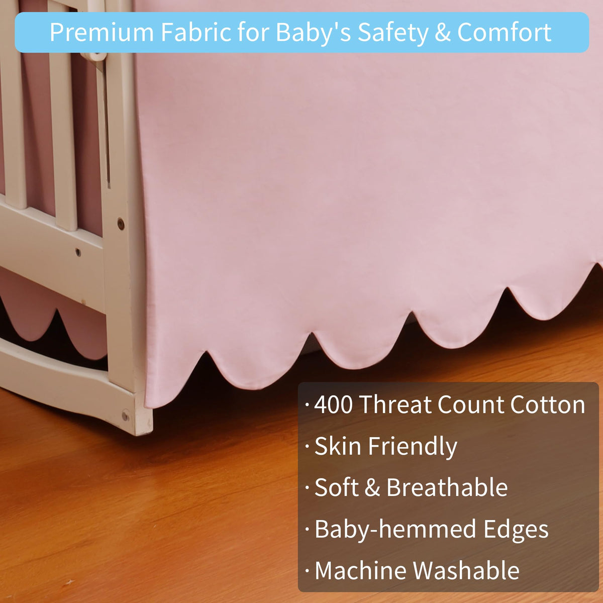 100% Cotton Scallop Edge Crib Bed Skirt, 28"x 52" with 14" Drop, 4-Sided Soft Breathable Cotton Bedding Skirt for
