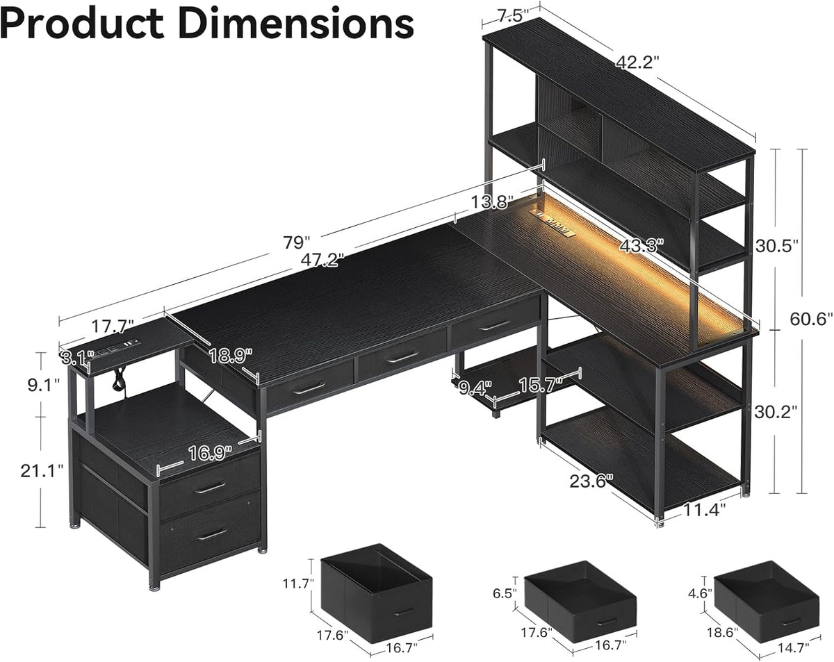 79 inch L Shaped Desk with 5 Drawers, LED Light & 2 Power Outlets | Reversible Black L Shaped Gaming Desk, Computer