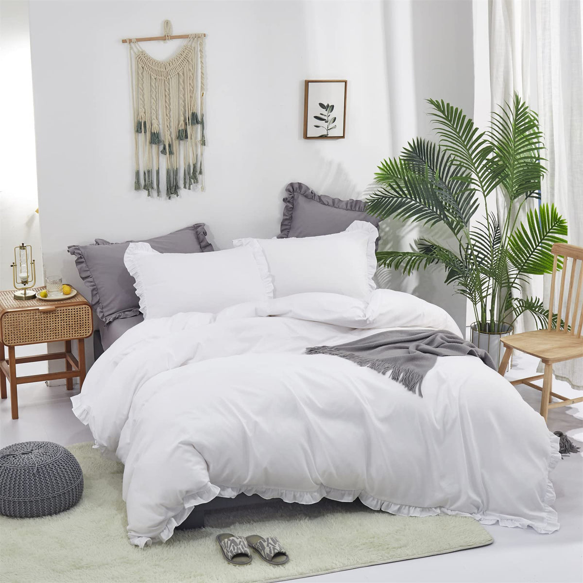 White Comforter Set Ruffle Bedding Comforter Set Farmhouse Boho Ruffles White Blanket Quilts Soft Breathable