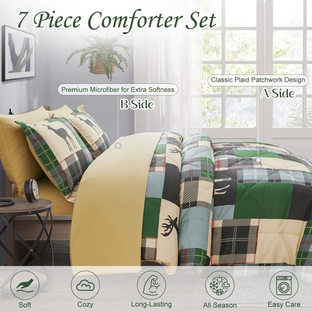 Comforter Set Plaid Patchwork Comforter Bedding-7 Piece Bed in a Bag, Rustic Soft Reversible Microfiber