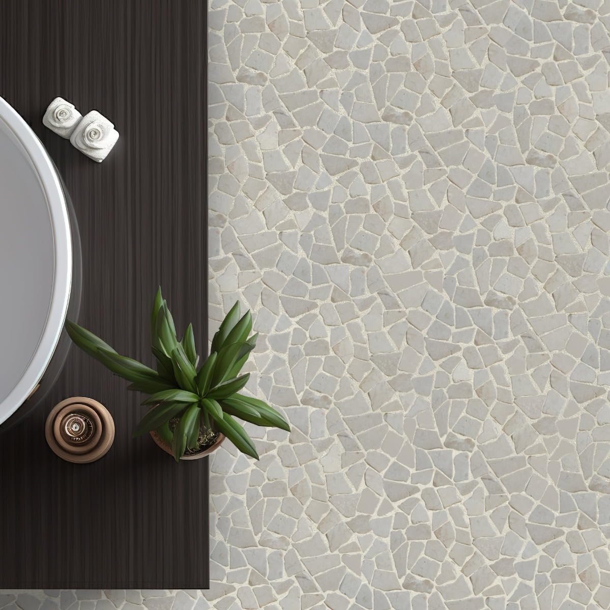 Alpen White Random Mosaic, Tumbled Stone Back Splash Tiles Walls, Shower and Bathroom Floors, and Outdoor Areas