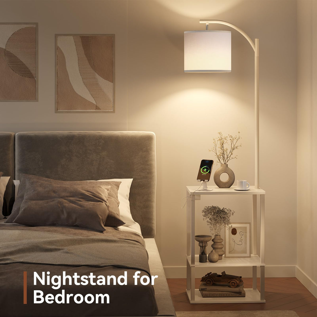 Floor Lamp with Table Shelves, End Side Table
