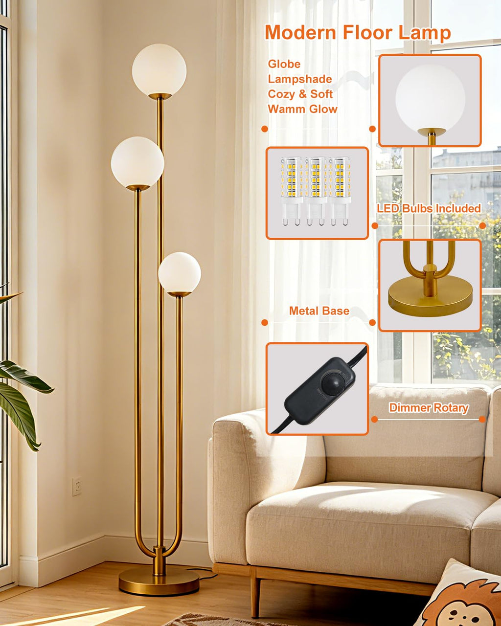 63IN 3-Light Dimmable Floor Lamp, Unique Gold Tall Standing Lamps with 3000K G9 Bulbs for Reading, Mid Century Modern