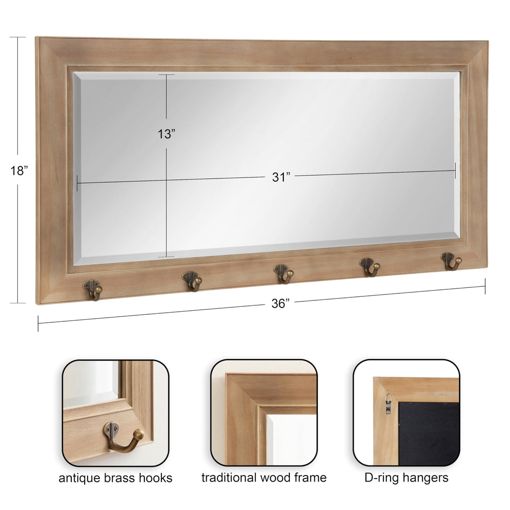 Pub Mirror with 5 Metal Hooks, Rustic Gray