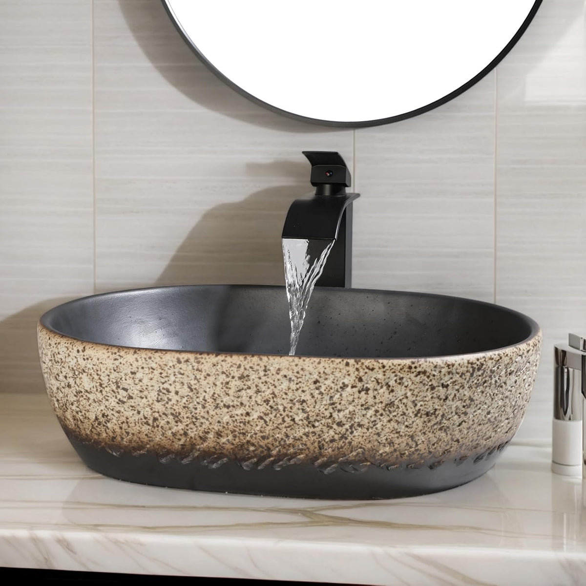 19 Inch Stone Bathroom Sink Basin with Waterfall Faucet and Pop-up Drain Combo,Tan Travertine Vessel Sink Above