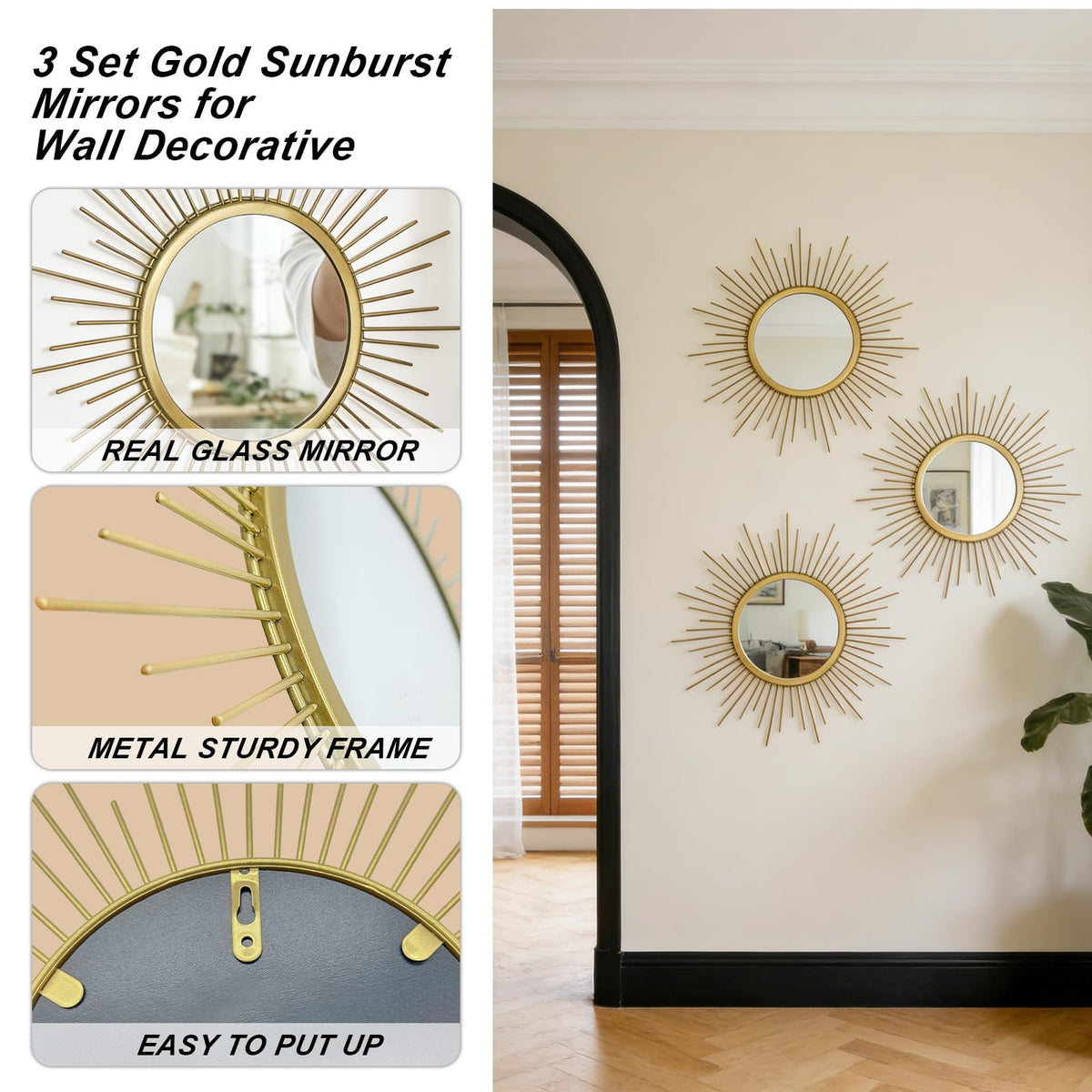 3 Set Sunburst Round Mirrors for Wall Decor Bedroom Bathroom