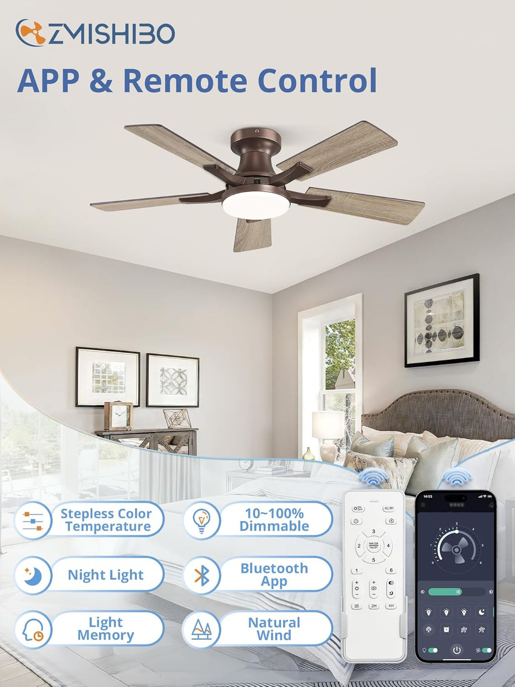 42" Brown Flush Mount Ceiling Fan with Light & Remote