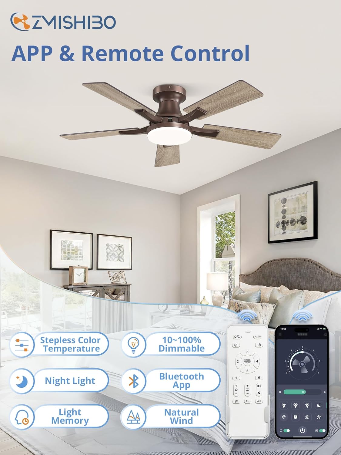 42" Brown Flush Mount Ceiling Fan with Light & Remote