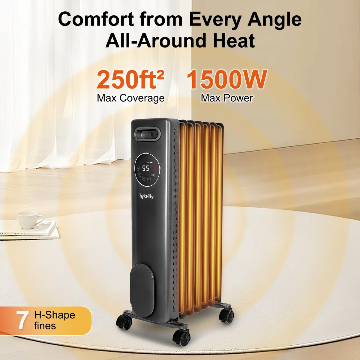 1500W Oil Filled Radiator with 24H ON OFF Timer, Electric heater with Remote, Adjustable Thermostat, 4 Modes, Child