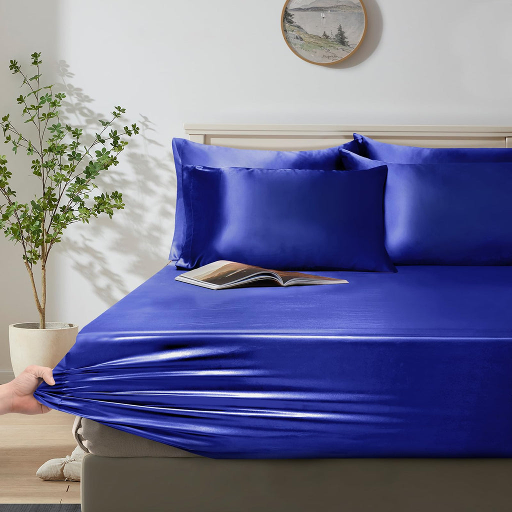 Royal Blue Satin Duvet Cover Set - 6Pc Bed Linen Set with Fitted Sheet & 4 Pillowcases