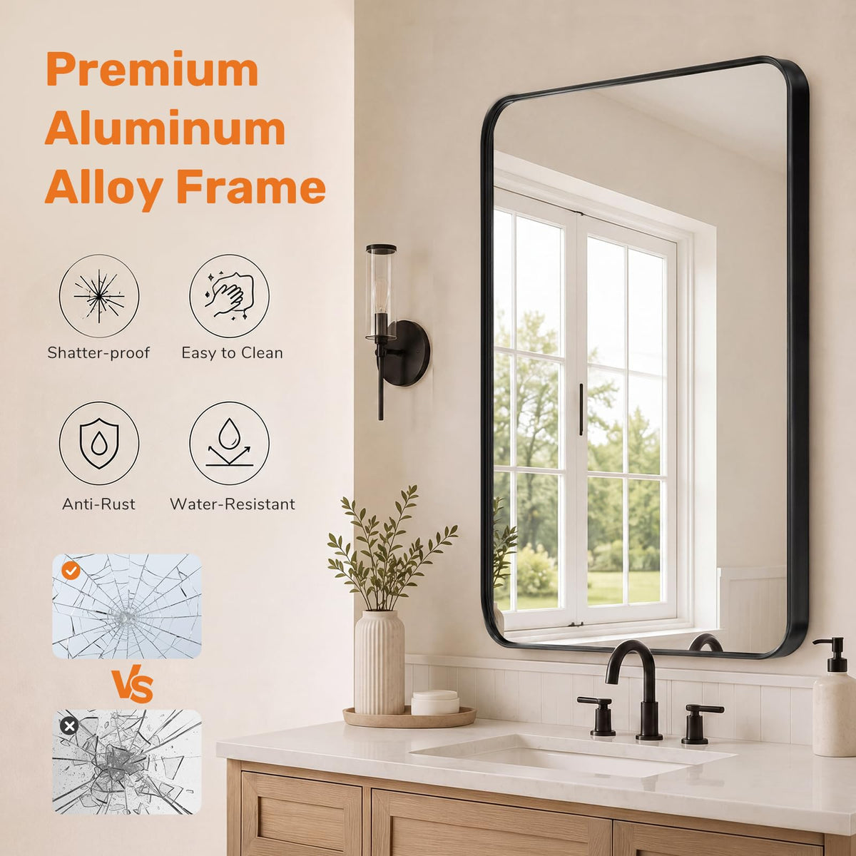 Bathroom Wall Mirror, 40x30 Inch Mirror for Over Sink, Black