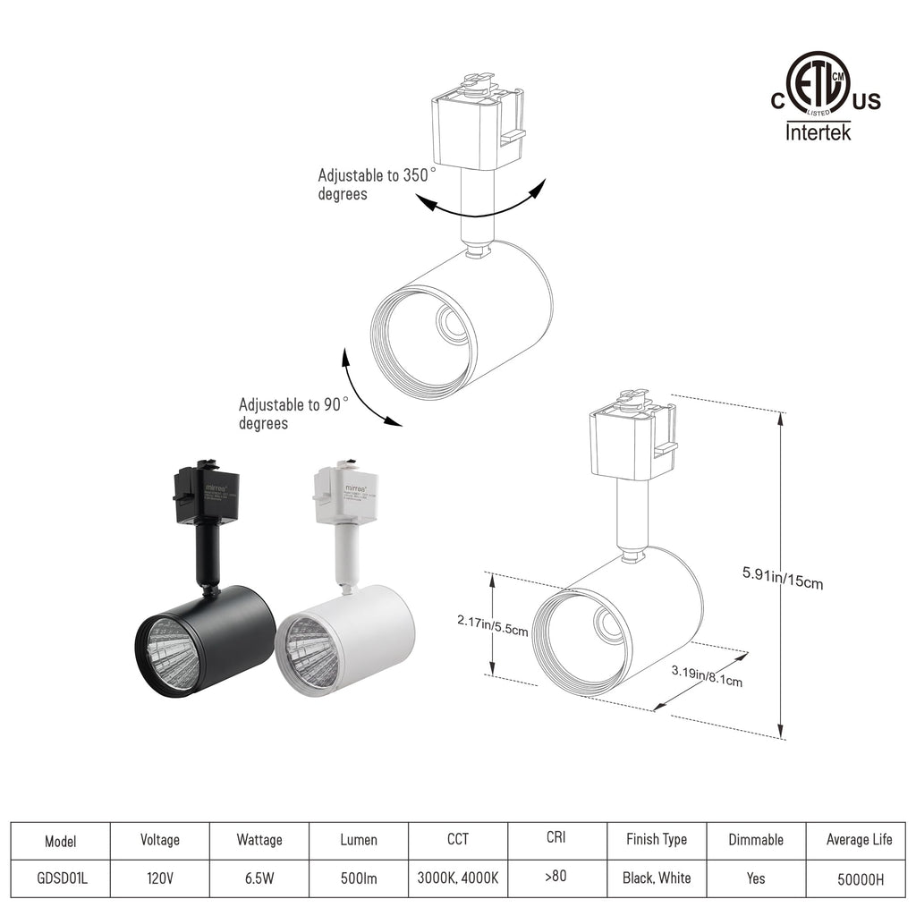 6.5W L Type LED Track Lighting Heads, Black, 3000K, 6 Pack