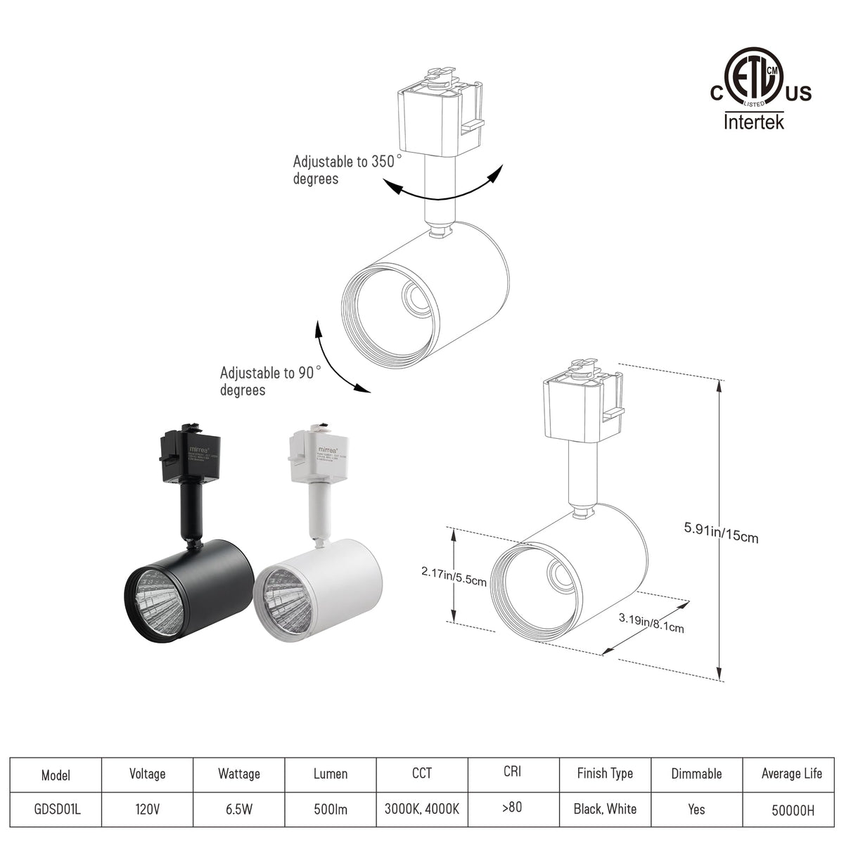 6.5W L Type LED Track Lighting Heads, Black, 3000K, 6 Pack