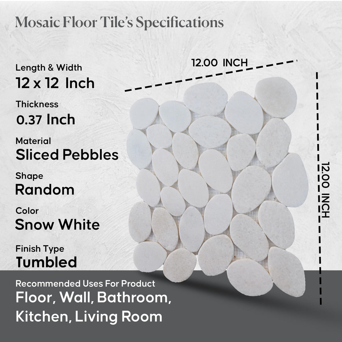 XL Snow White Sliced Pebble Mosaic, Tumbled Stone Backsplash Tiles Walls, Shower and Bathroom Floors, and Outdoor