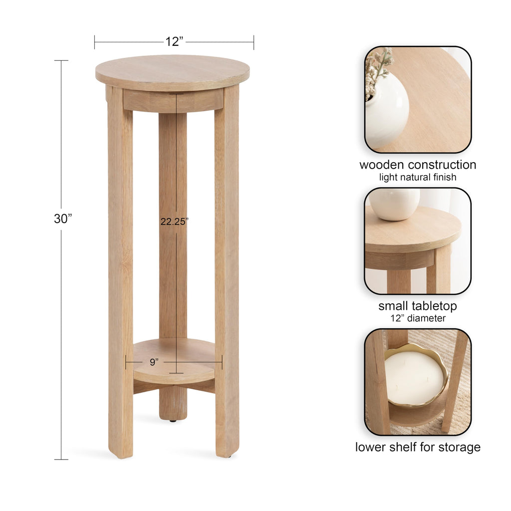 Inspired Saarinen Style Foxford Modern Tiered Round Drink Table, 12 x 12 x 30, Light Natural, Transitional Two-Tier Circle Plant Stand for