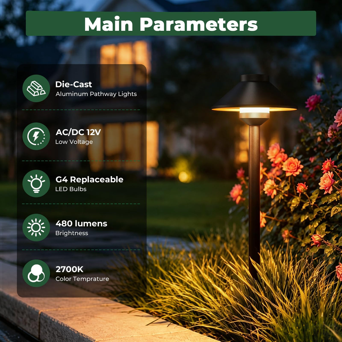 Low Voltage Landscape Pathway Lighting 12-Pack, Outdoor Wired Aluminum Path Lights with G4 4W 2700K Bulb