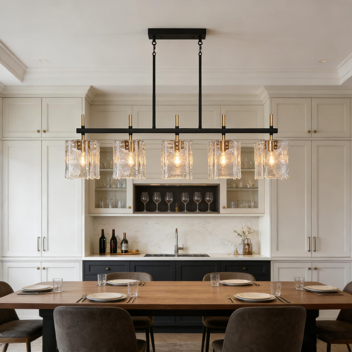 Rectangular Dining Room Light Fixture 42"L Black and Gold Glass Linear Chandeliers Over Table, Farmhouse