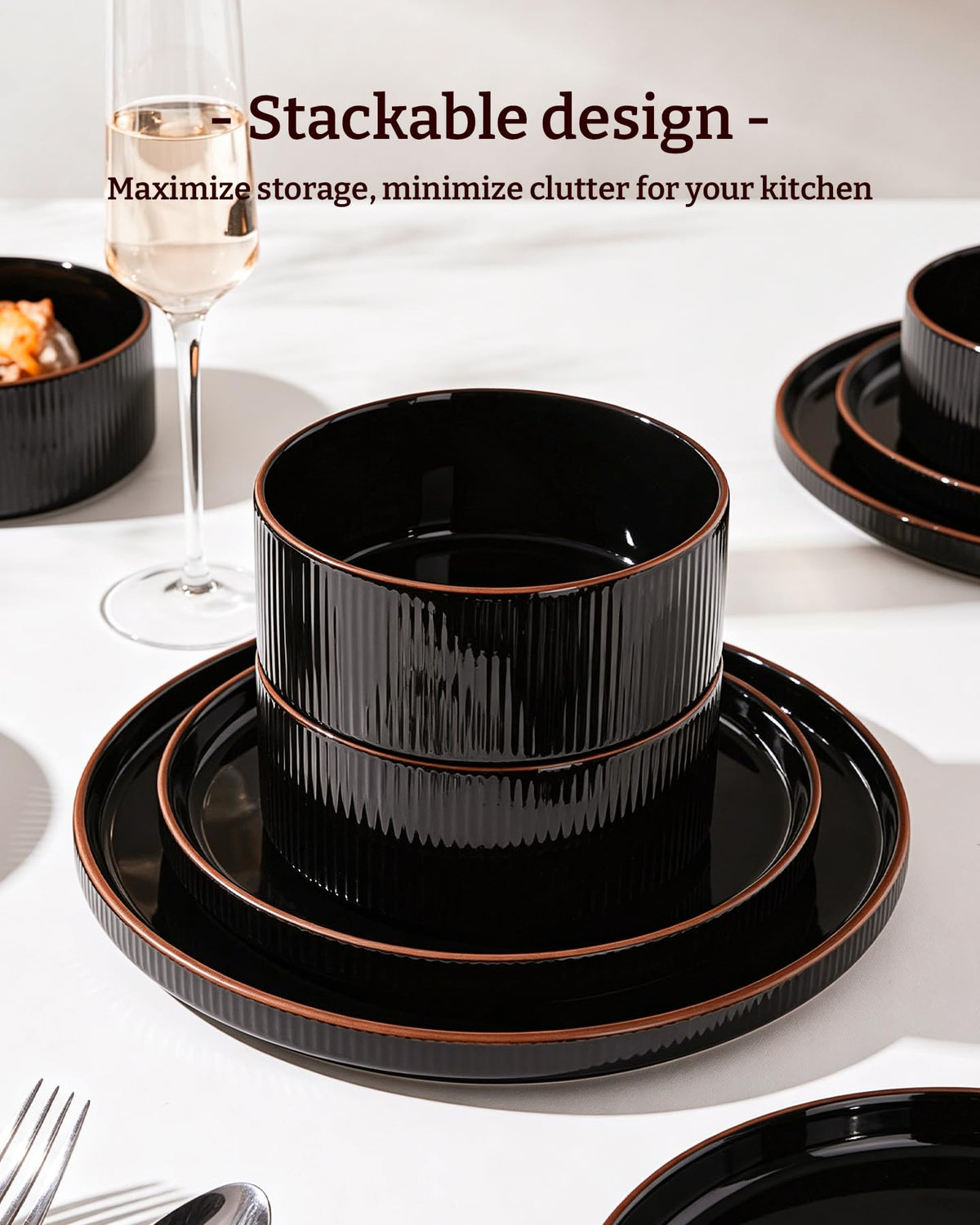 Line Porcelain Dinnerware Set, dish set for 4, Black