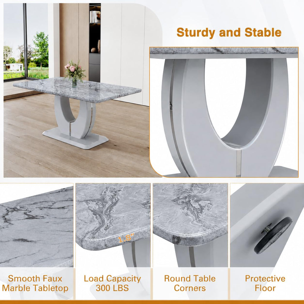 5 Piece Faux Marble Dining Table Set for 4, 63" Rectangular Kitchen Table and Chairs Set with 4 Tufted PU Leather