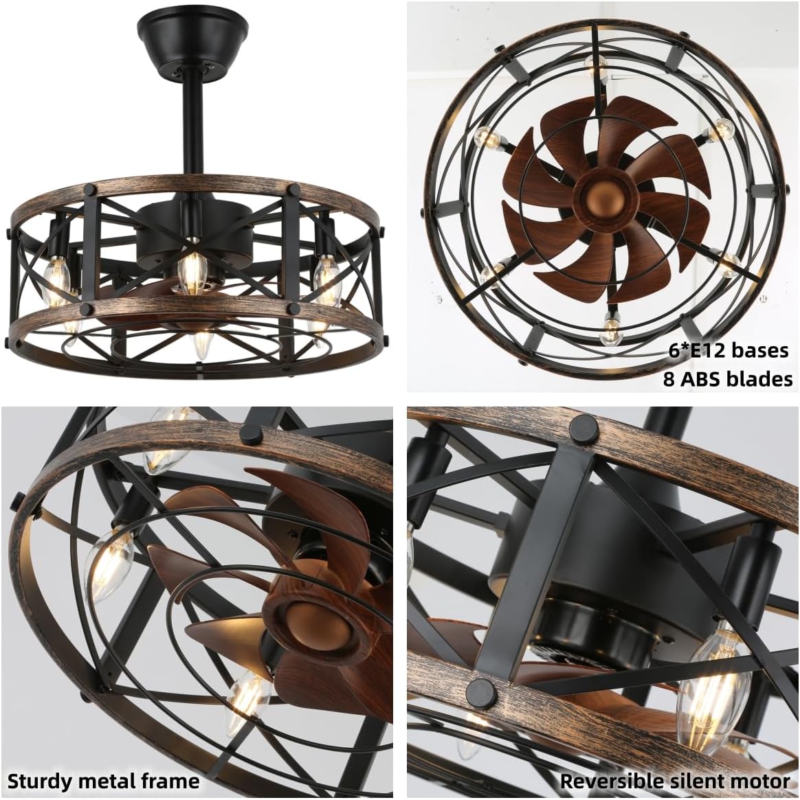 19" Black Caged Chandelier Ceiling Fan with Light & Remote