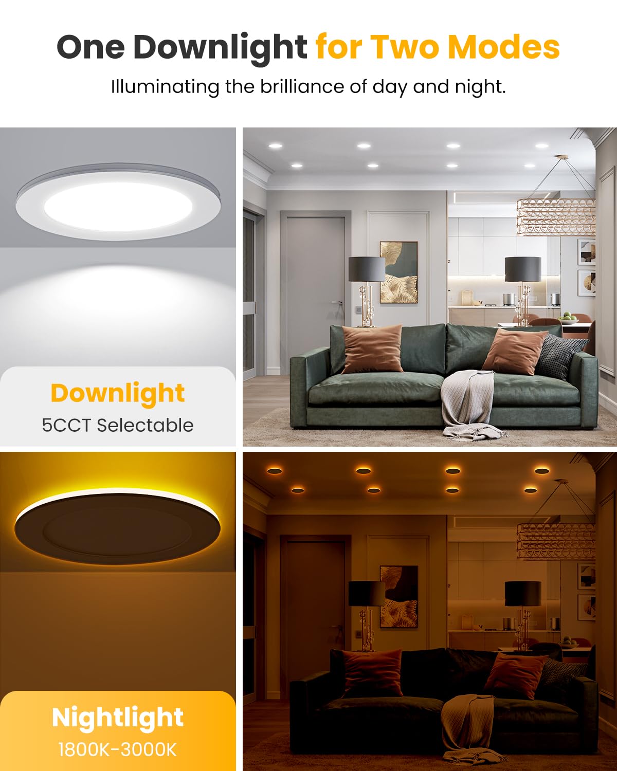 Recessed Ceiling Light 6 Inch - with Night Light, 1000LM Dimmable Downlight, 12W 5CCT 2700K-6000K & 3W